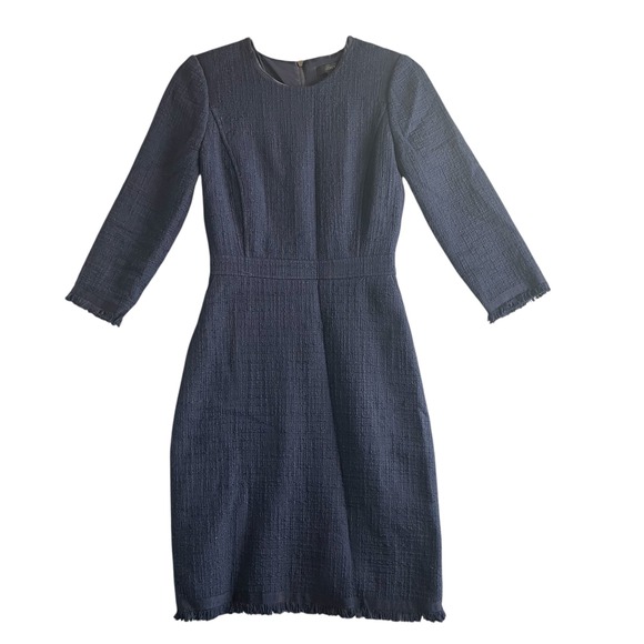 J. Crew Navy Textured Sheath Dress Fringed Hem 3/4 Sleeve Pockets Rear Slit 2 - Picture 2 of 12